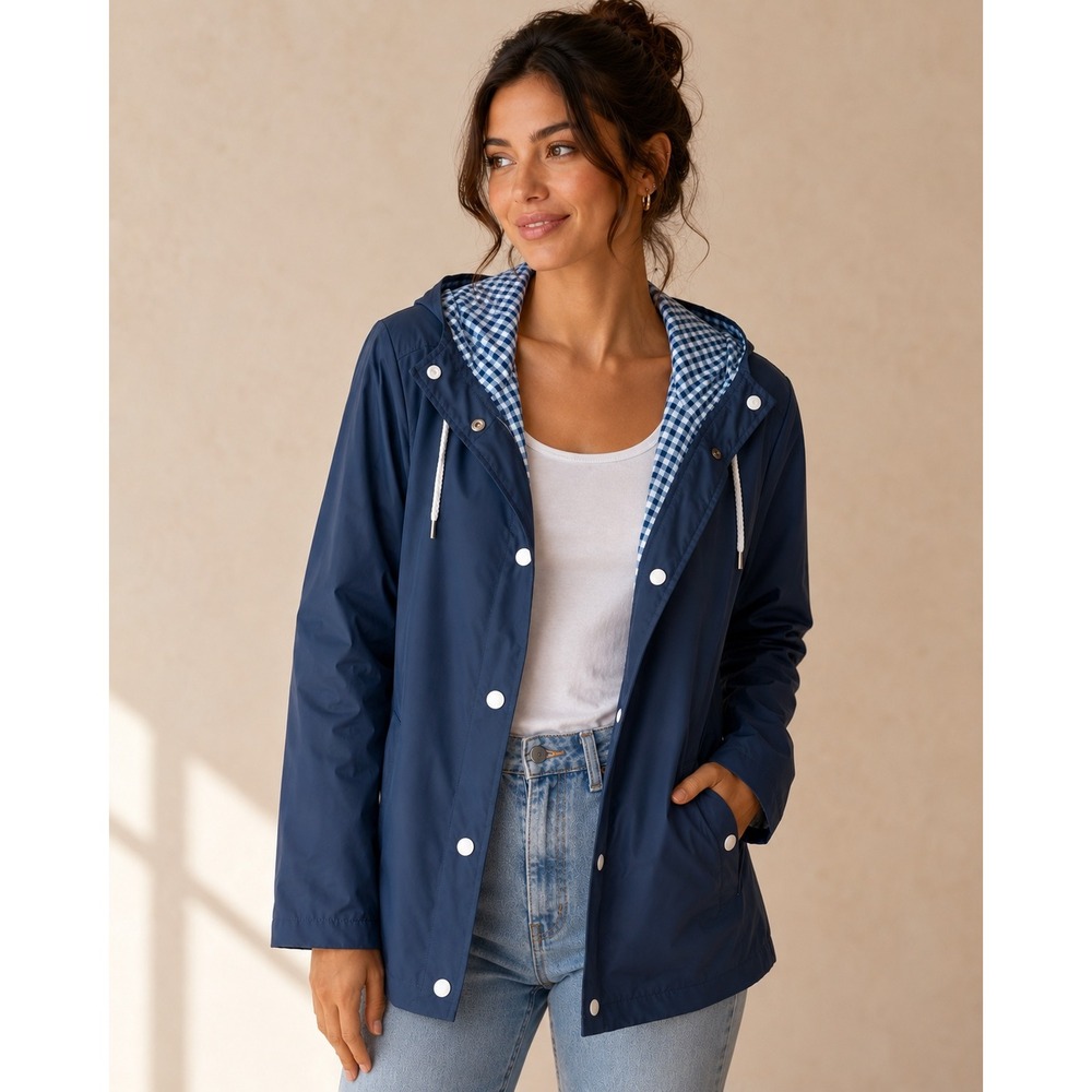 Big Chill Rain Jacket Navy Blue Gingham Lined Water Repellent Slicker Size M NWT